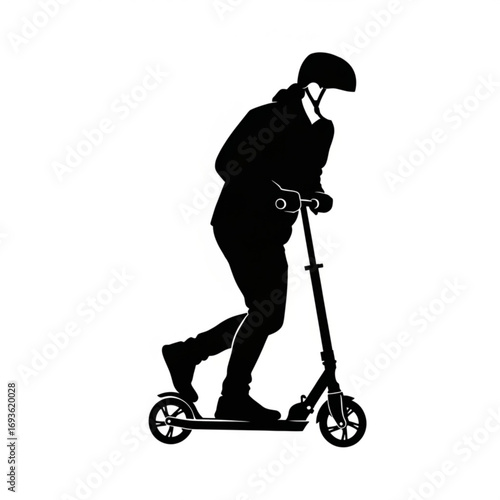 Person riding a scooter wearing a helmet silhouette isolated on white background