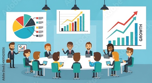 Animated business team discussing growth charts and data in a modern boardroom showing a positive performance with