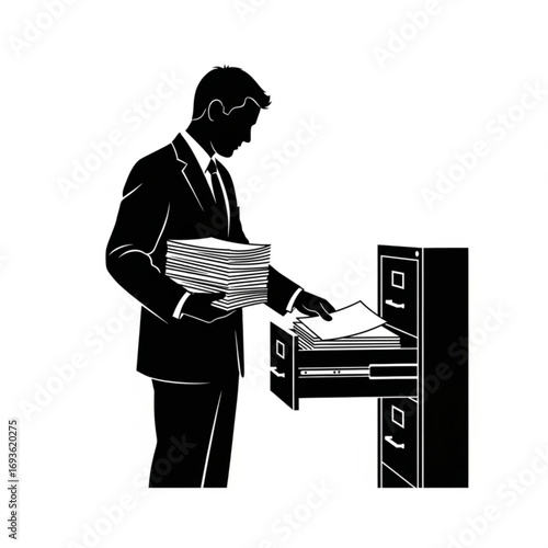 Businessman filing papers in a cabinet silhouette isolated on white background