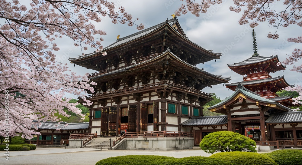 Fototapeta premium Japanese temple cherry blossom season