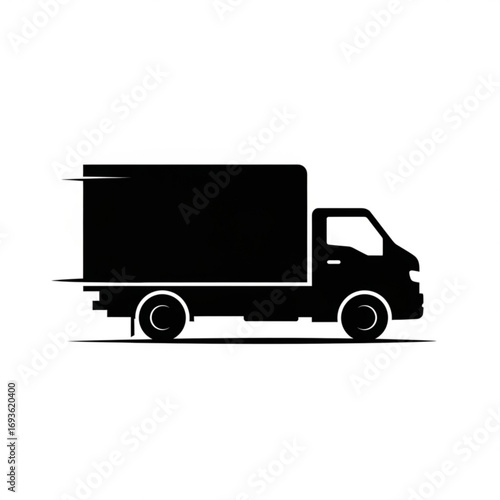 Black delivery truck silhouette moving fast isolated on white background