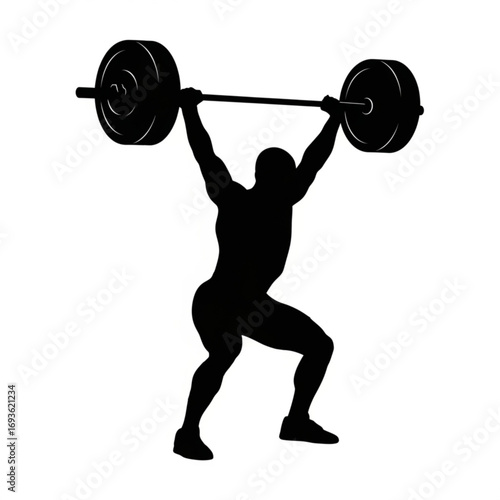 Weightlifter performing a snatch lift silhouette isolated on white background