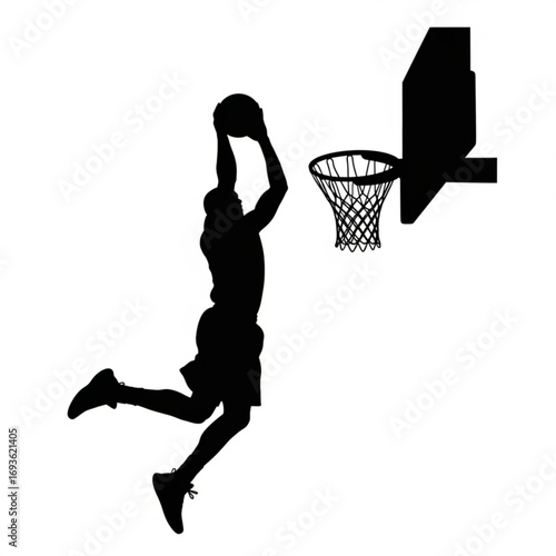 Basketball player dunking silhouette isolated on white background