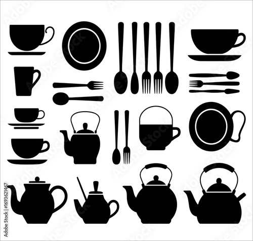 “Kitchen objects illustration vector set with utensils, appliances, cookware, and cooking tools design”