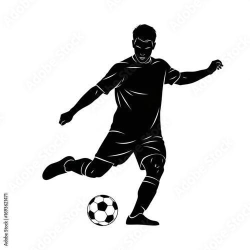 Soccer player kicking ball silhouette isolated on white background