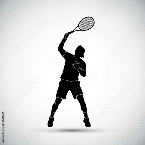 Tennis player silhouette serving the ball isolated on white background