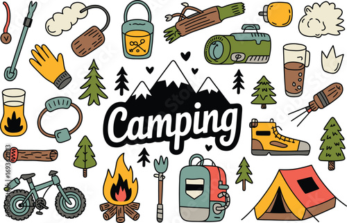Plan your next outdoor adventure with these fun camping doodles featuring tents and mountain views