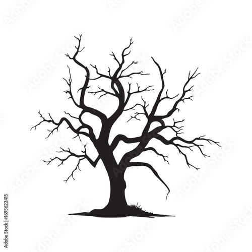 Haunted dead tree silhouette with reaching leafless branches.. Black vector graphic art for horror, fantasy, or dark autumn nature scenes.