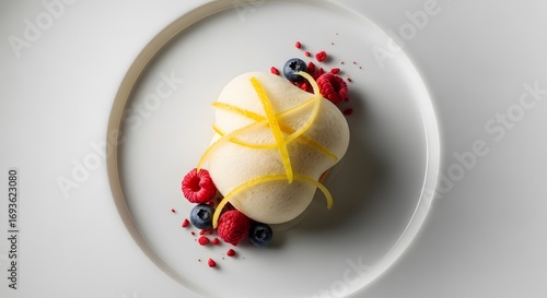 Fototapeta Naklejka Na Ścianę i Meble -  Elegant dessert with berries and lemon zest on a white plate.