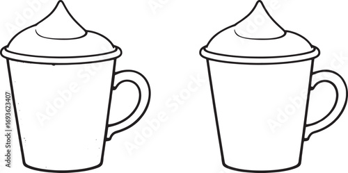 Two identical coffee cups with lids and handles, simple black and white outline illustration