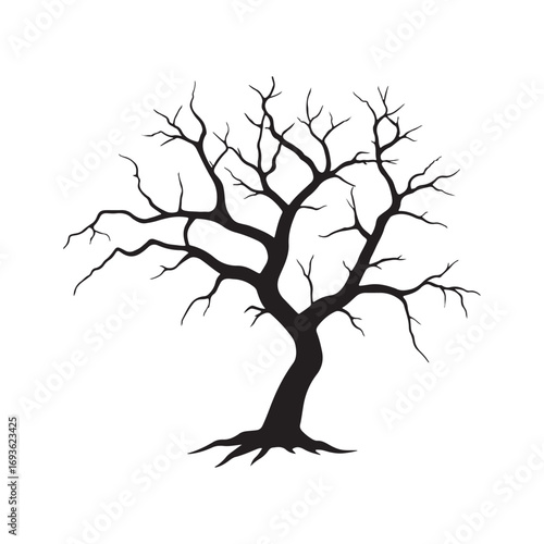 Leaning bare tree silhouette with sharp, exposed roots. Spooky vector illustration. Black and white isolated drawing for horror, fantasy, or environmental design themes.
