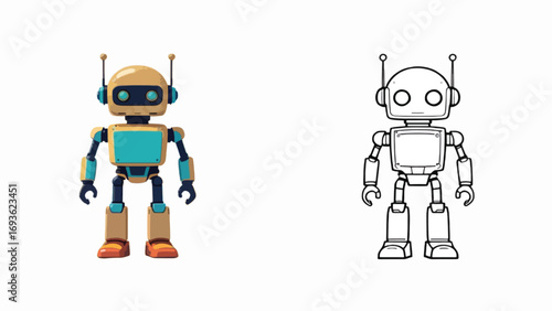 "Robot Silhouette and Outline | Black and White Cartoon Machine Illustration for Kids and Design"