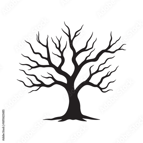 Stylized leafless tree icon with a unique, flowing branch shape. Black and white minimalist botanical art element isolated on a background.
