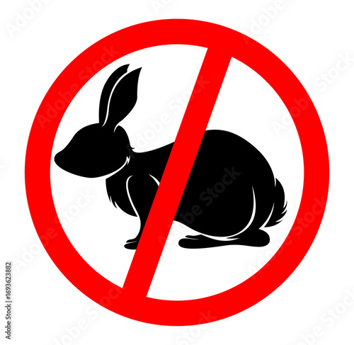 A red prohibition symbol with a black rabbit silhouette. Suitable for signs prohibiting animals from entering certain areas, safety warnings, or communicating pet policies. Ideal for property managers