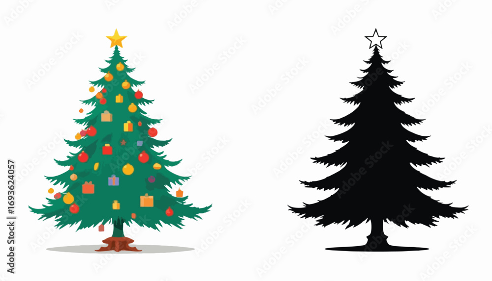 Obraz premium Christmas Tree in Colored and Silhouette Styles with Ornaments and Star Illustration
