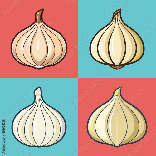 Four stylized garlic bulb illustrations; vibrant pop art style; fresh, healthy food concept.