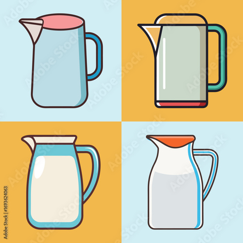 Retro Kitchenware: Colorful Vector Illustration of Four Pitchers, Milk Jugs, and a Kettle.