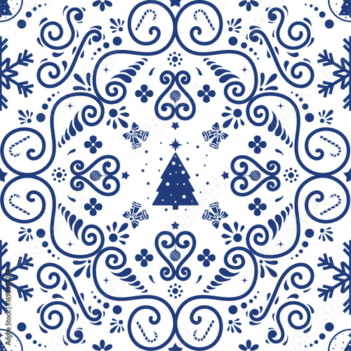 Mexican Christmas Talavera. Traditional ceramic-inspired ornament pattern with festive motifs. Holiday decoration design for Christmas parties and seasonal celebrations.