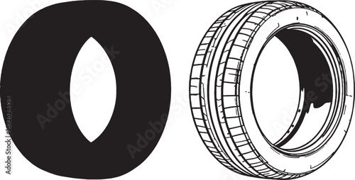 Automobile Tire in Silhouette and Outline Styles with Tread Pattern Illustration