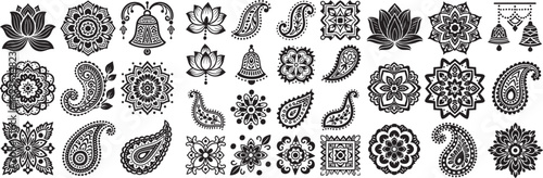 Intricate black and white decorative motifs featuring paisley, lotus, and mandala designs