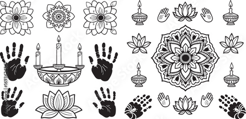 Vibrant Indian cultural symbols including lotus flowers, diyas, and mehndi hand art for festive celebrations