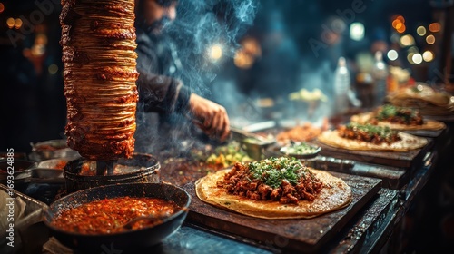 A shawarma chef prepares meat on a street food stall with vibrant lighting. It can show cuisine, culture, travel, and the experience of authentic flavors.