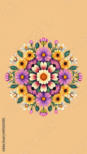 Oval floral arrangement of colorful daisies and other flowers against a peach background