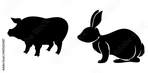 Black silhouettes of a pig and a rabbit facing each other. Perfect for pet-themed content, educational materials, and logo and icon design. Ideal for animal lovers, graphic designers, and pet business