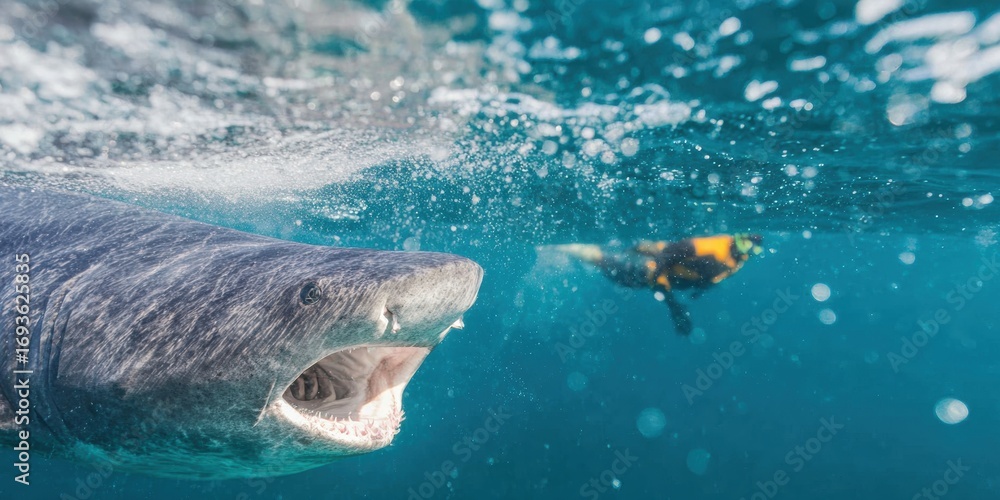 Naklejka premium Premium Underwater of Basking Shark Near Surface with Diver Authentic Marine Wildlife Image for Education and Ecotourism Marketing