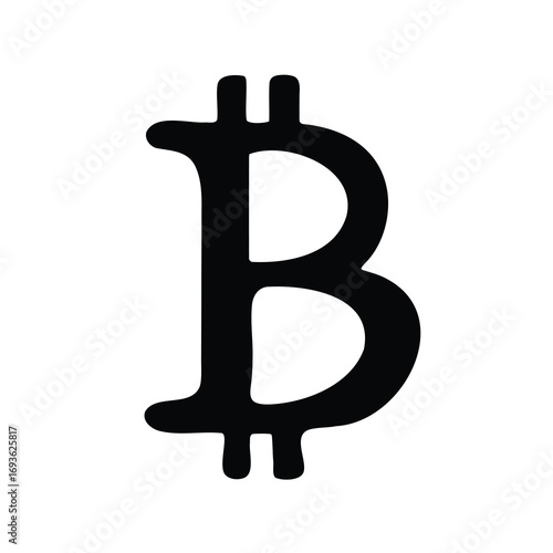 A monochrome illustration of the Bitcoin symbol representing cryptocurrency and blockchain technology