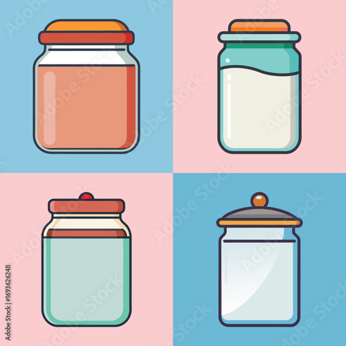 Retro Style Glass Jars:  Four Colorful Illustrations, Minimalist Design, Pastel Backgrounds,  Food Storage Concept.