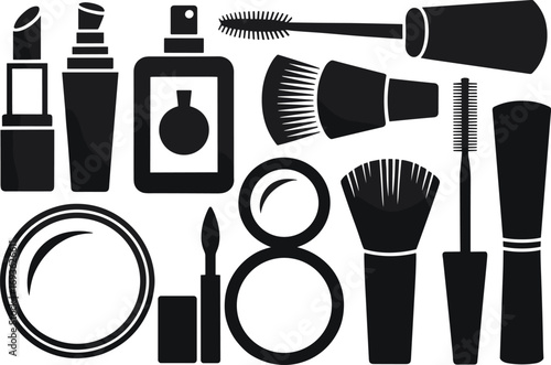 Cosmetic makeup silhouette vector set, beauty tools illustration, lipstick, mascara, brush, perfume bottle, compact powder icon, fashion grooming design