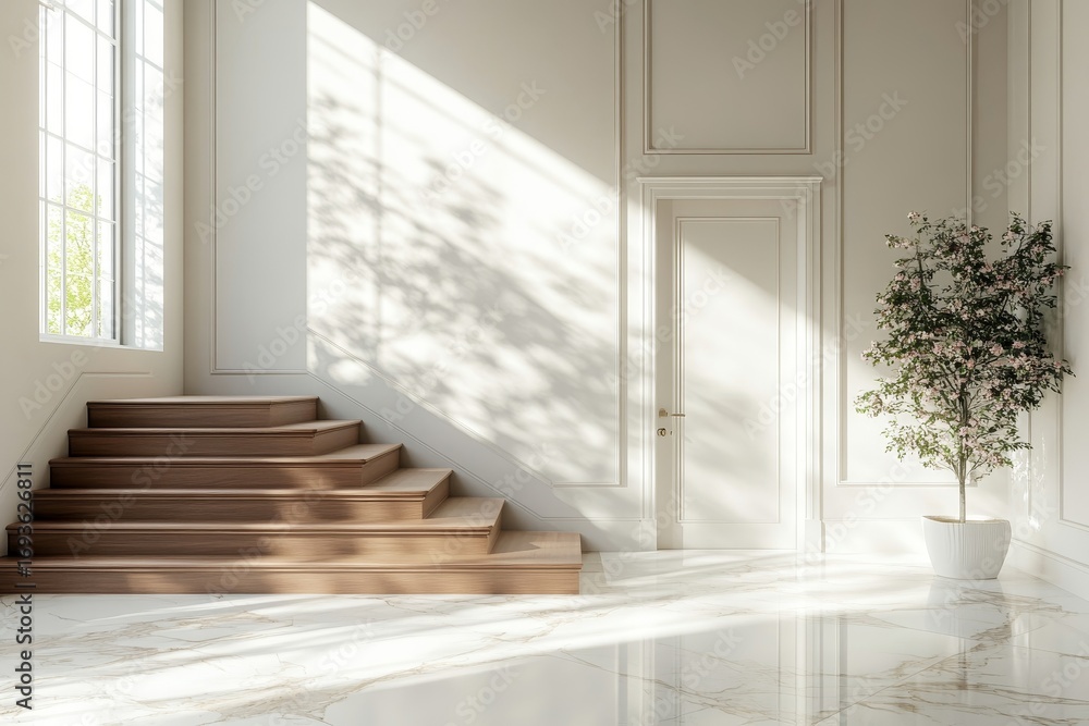 Obraz premium Wooden staircase and marble floor in minimalist interior design of modern entrance hall with door, Generative AI