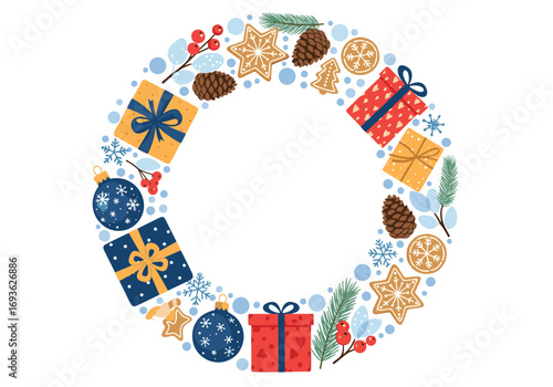 Decorative holiday circle featuring gifts ornaments pinecones and festive cookies for winter celebrations