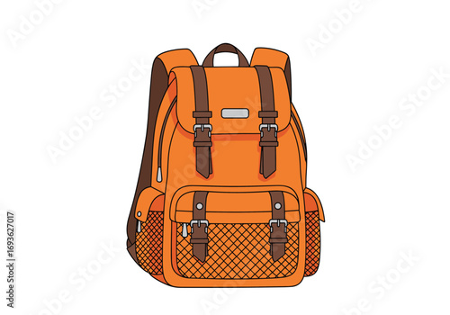 A stylish orange backpack with brown straps and buckles ideal for travel and outdoor adventures
