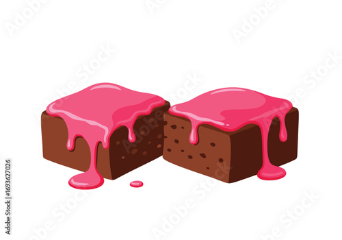Delicious chocolate brownies with bright pink frosting and sweet drizzle dessert treats