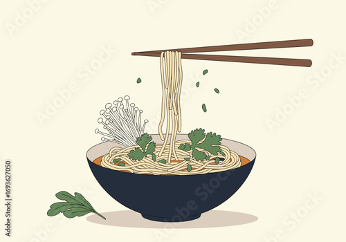 Delicious noodle bowl prepared with fresh ingredients and garnished with herbs for a flavorful meal