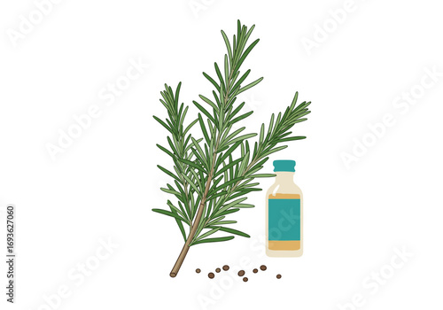 A sprig of aromatic rosemary essential oil and whole black peppercorns arranged artfully