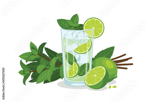 Refreshing mint lime beverage with ice cubes and fresh fruit slices garnish