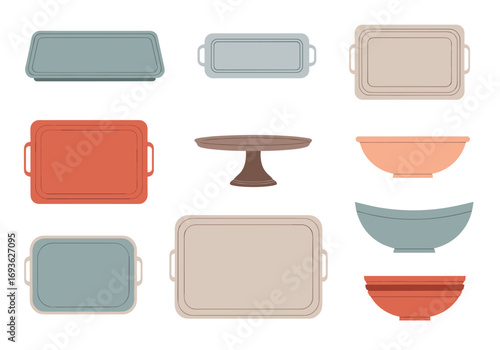 Collection of kitchenware serving platters bowls and cake stand presentation dishes