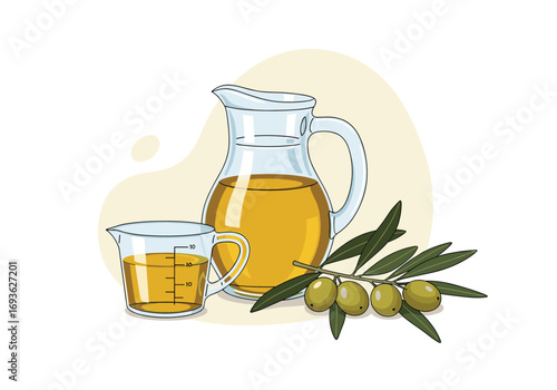 Golden olive oil in pitchers with fresh green olives and branch art