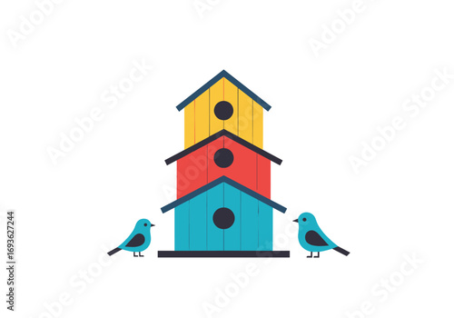 Charming three tiered birdhouse with two small birds standing on either side and against a white background