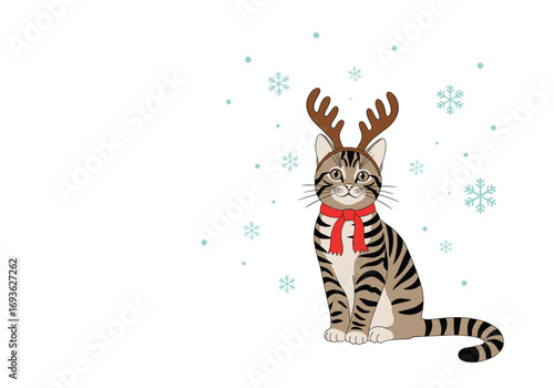 Cute tabby cat wearing reindeer antlers and a festive scarf in a snowy winter scene