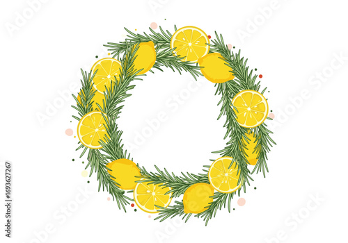 A festive garland of greenery adorned with bright yellow lemon slices and tiny red berries creating a cheerful circular arrangement