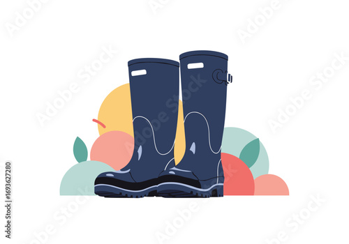 A pair of dark blue rubber boots standing tall against a softly colored background with abstract shapes