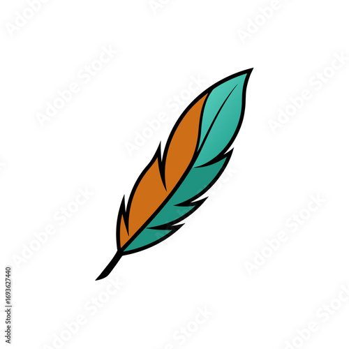 Stylized feather logo with orange and teal colors on black background