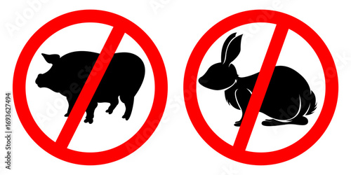 A red prohibition symbol with black silhouettes of a pig and rabbit. Suitable for signs prohibiting animals from entering certain areas, safety warnings, or communicating pet policies. Ideal for prope