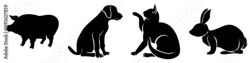 Black silhouettes of common pets isolated on a white background: pig, dog, cat, and rabbit. Perfect for logos, icons, educational content, or any pet-related creative design. Ideal for graphic designe