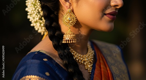 A woman wearing gold jewelry including earrings and a necklace with flowers in her braided hair