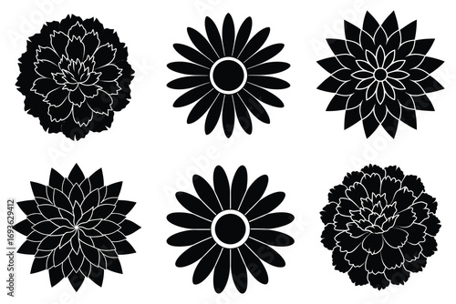 Six black and white floral icons with geometric patterns